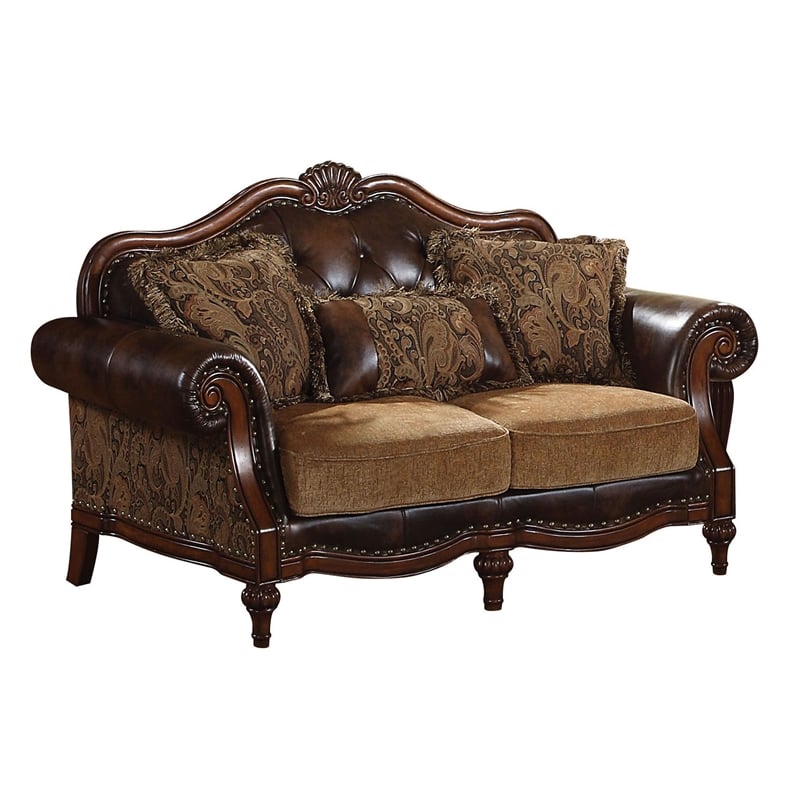 ACME Dreena Rolled Arm Upholstered Loveseat with 3 Pillows in Brown Faux Leather