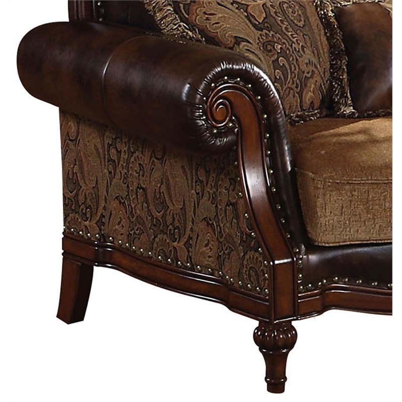 ACME Dreena Rolled Arm Upholstered Loveseat with 3 Pillows in Brown Faux Leather