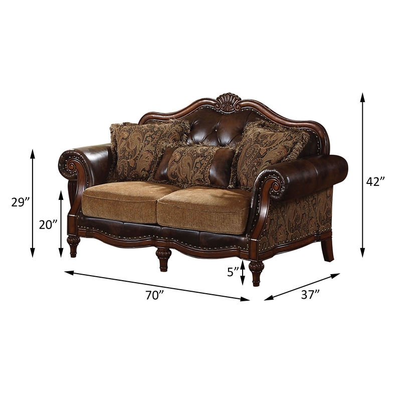 ACME Dreena Rolled Arm Upholstered Loveseat with 3 Pillows in Brown Faux Leather
