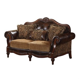 acme dreena rolled arm upholstered loveseat with 3 pillows in brown faux leather