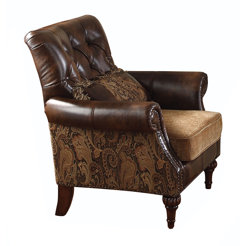 ACME Dreena Rolled Arm Upholstered Chair with 1 Pillow in Brown Faux Leather