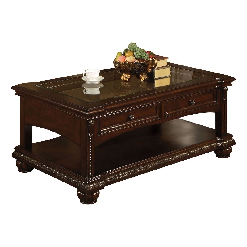 ACME Anondale Glass Top Coffee Table with Bottom Shelf in Cherry