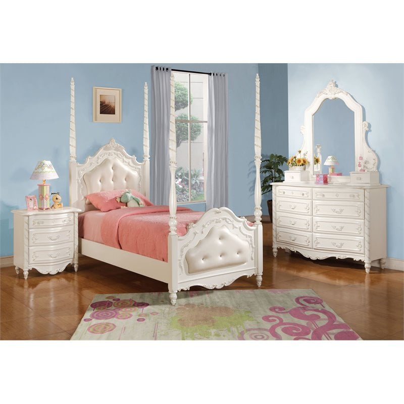 ACME Pearl Wooden Tufted Upholstered Twin Poster Bed in Pearl White