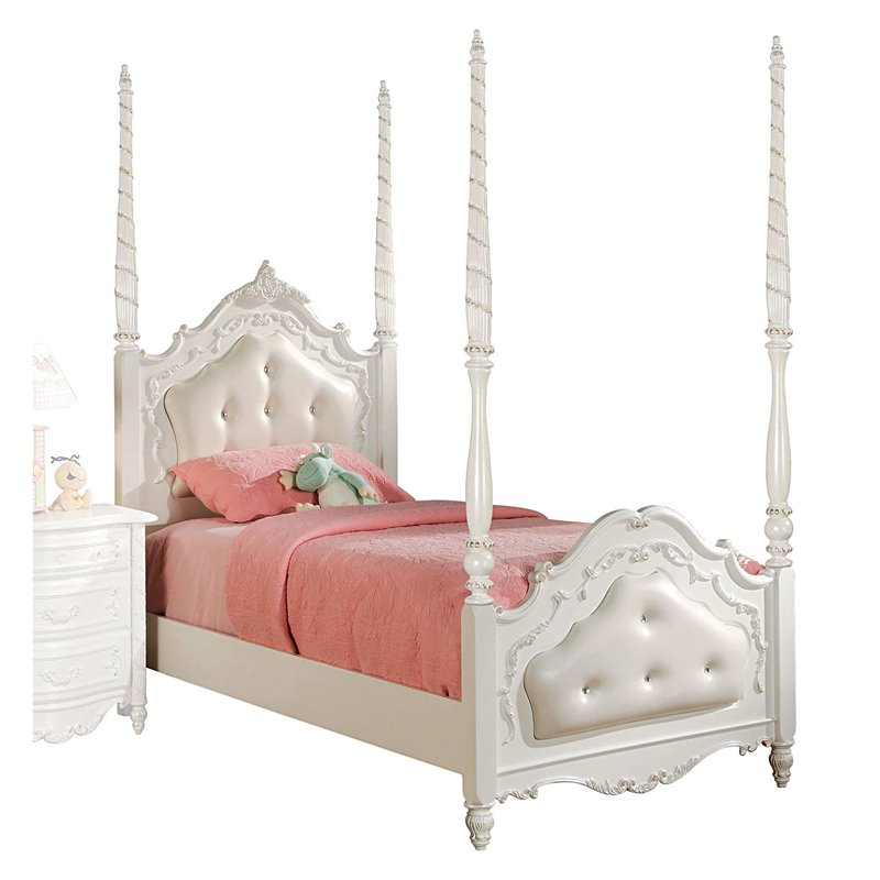 ACME Pearl Wooden Tufted Upholstered Twin Poster Bed in Pearl White