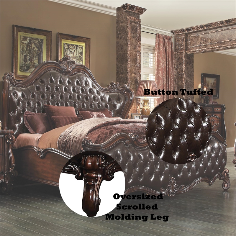 ACME Versailles Tufted Upholstered King Panel Bed in Dark Brown and Cherry Oak