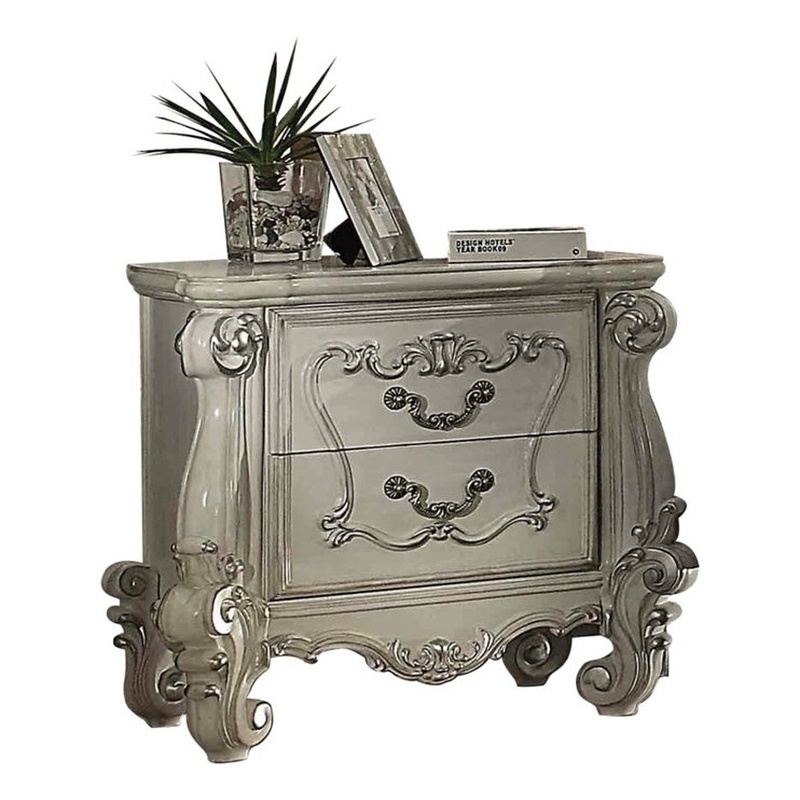 ACME Versailles 2 Drawer Nightstand with Scrolled Leg in Bone White Wood