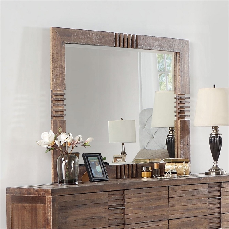 ACME Andria Rectangular Beveled Bedroom Mirror in Reclaimed Oak Wood