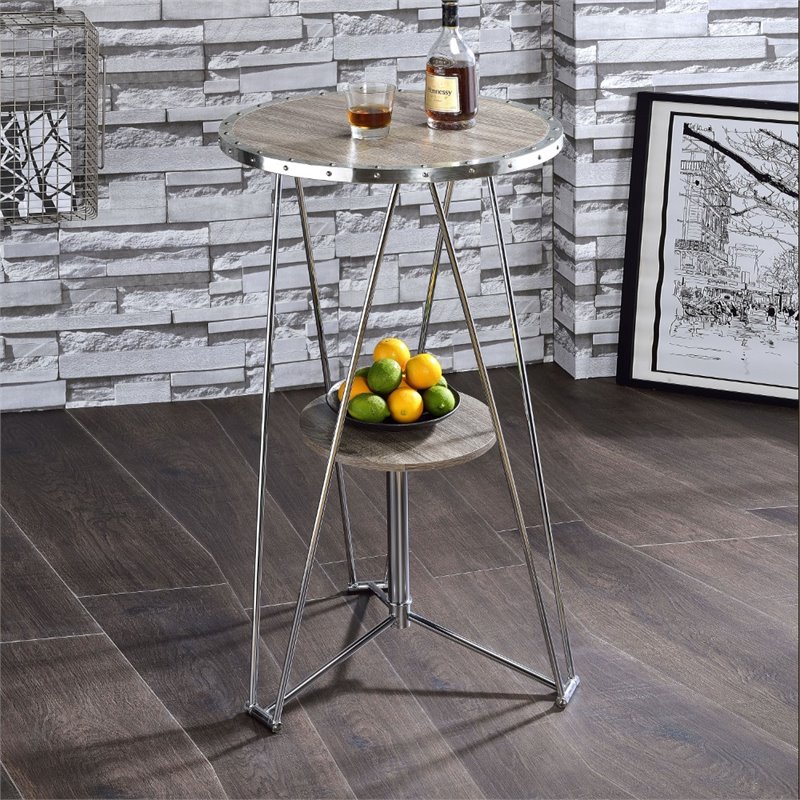 ACME Jarvis Round Wood Top Bar Table in Oak and Chrome