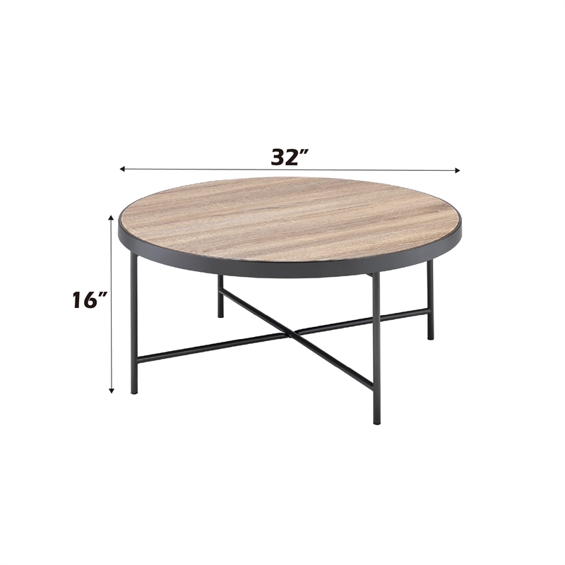 ACME Bage Round Wood Top Coffee Table in Weathered Gray Oak
