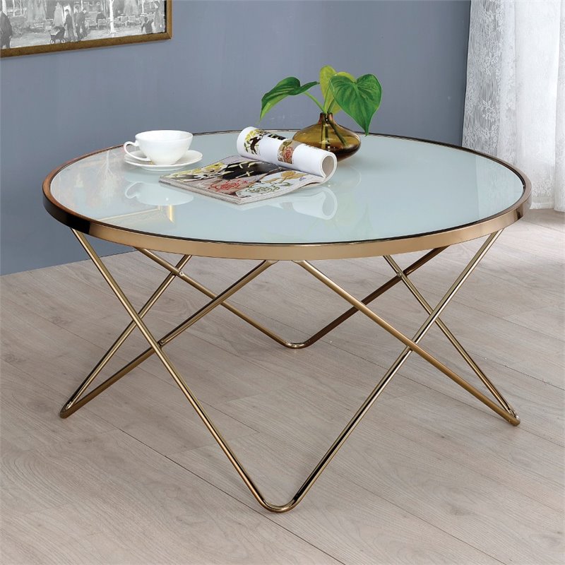 ACME Valora Coffee Table in Frosted Glass and Champagne Cymax Business