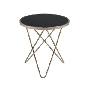 ACME Valora Round Glass Top End Table in White Glass and Gold