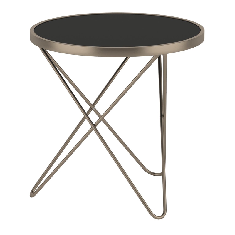 ACME Valora Round Glass Top End Table in White Glass and Gold