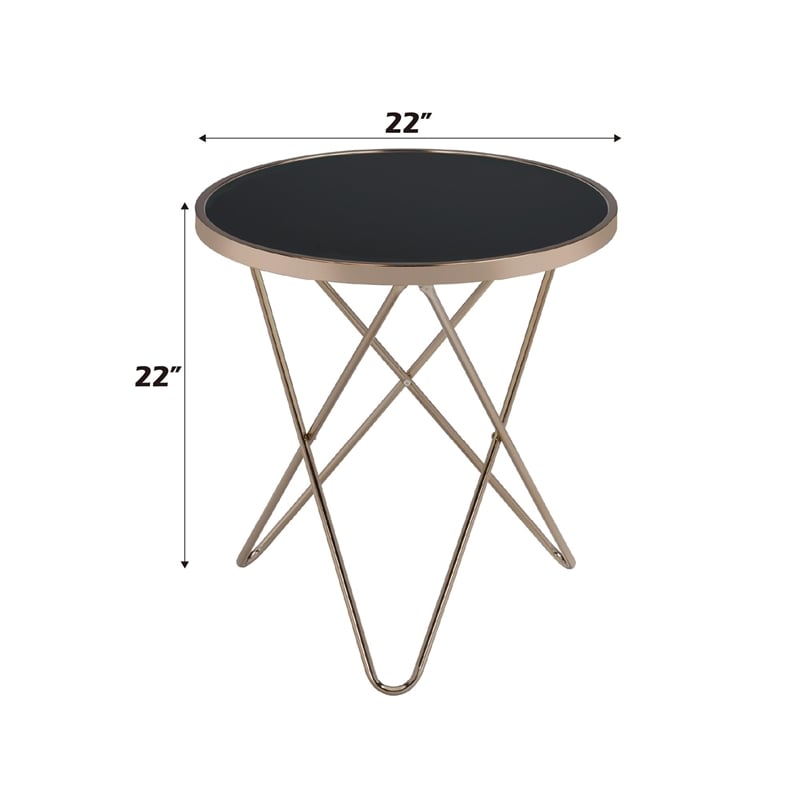 ACME Valora Round Glass Top End Table in White Glass and Gold