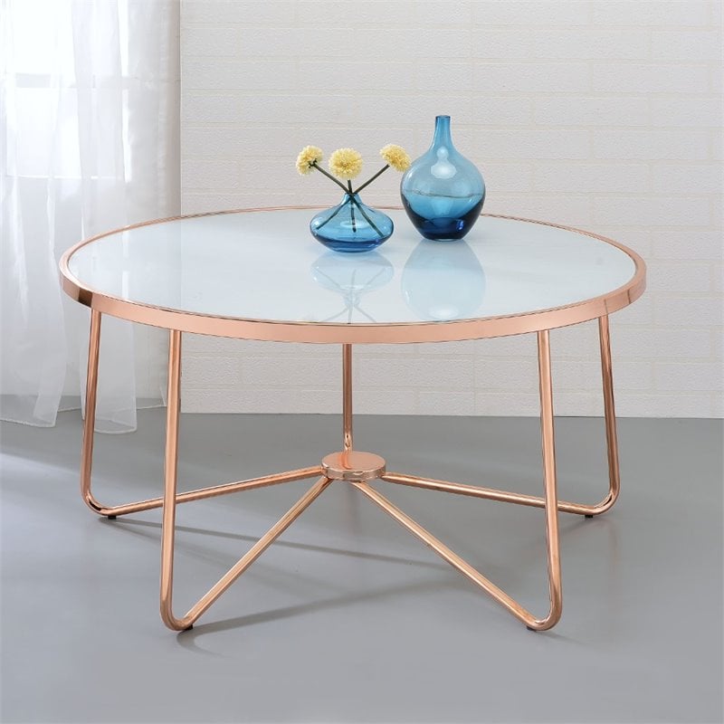 ACME Alivia Coffee Table in White Glass and Rose Gold