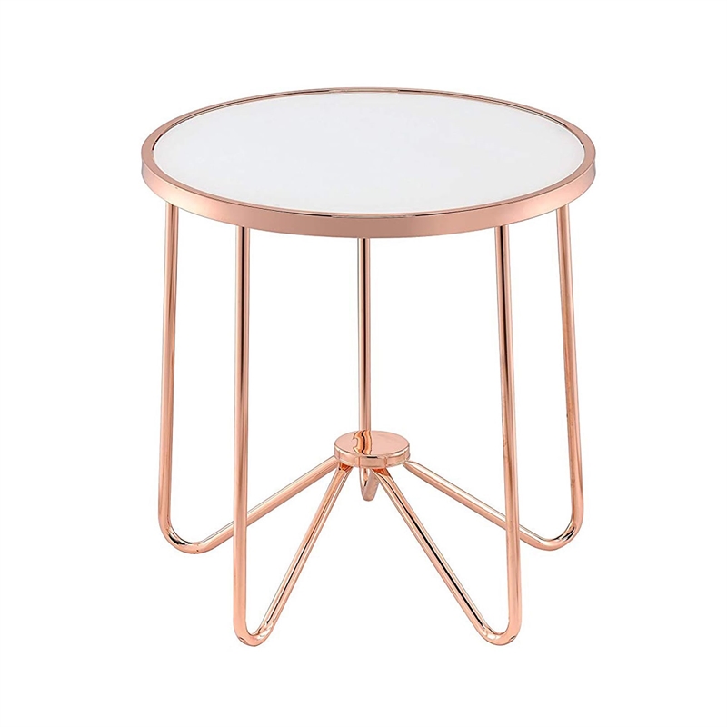 ACME Alivia Round Glass Top End Table in Frosted Glass and Rose Gold