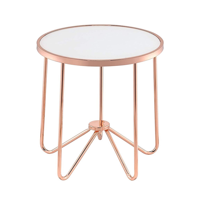 ACME Alivia Round Glass Top End Table in Frosted Glass and Rose Gold