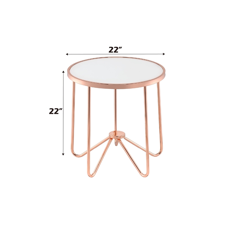 ACME Alivia Round Glass Top End Table in Frosted Glass and Rose Gold