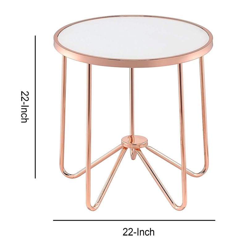 ACME Alivia Round Glass Top End Table in Frosted Glass and Rose Gold