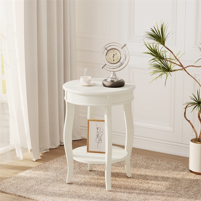ACME Aberta Round Wooden End Table with Bottom Shelf in Antique White