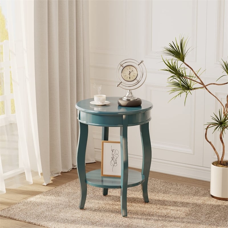 ACME Aberta Wooden Round End Table with Bottom Shelf in Teal
