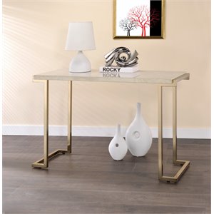 acme boice ii rectangular faux marble top console table in champagne beige