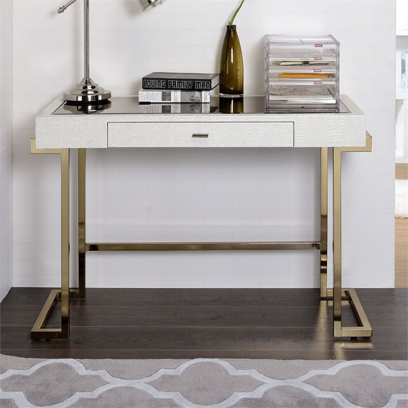 Acme Boice Home Office Desk In White Pu And Champagne 92334