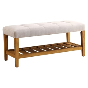 ACME Charla Fabric Upholstered Bench with Bottom Shelf in Light Gray and Oak