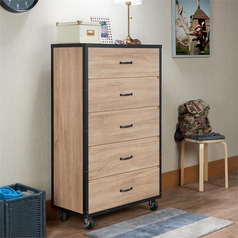 ACME Bemis Wooden Chest with Caster Wheels in Weathered Light Oak