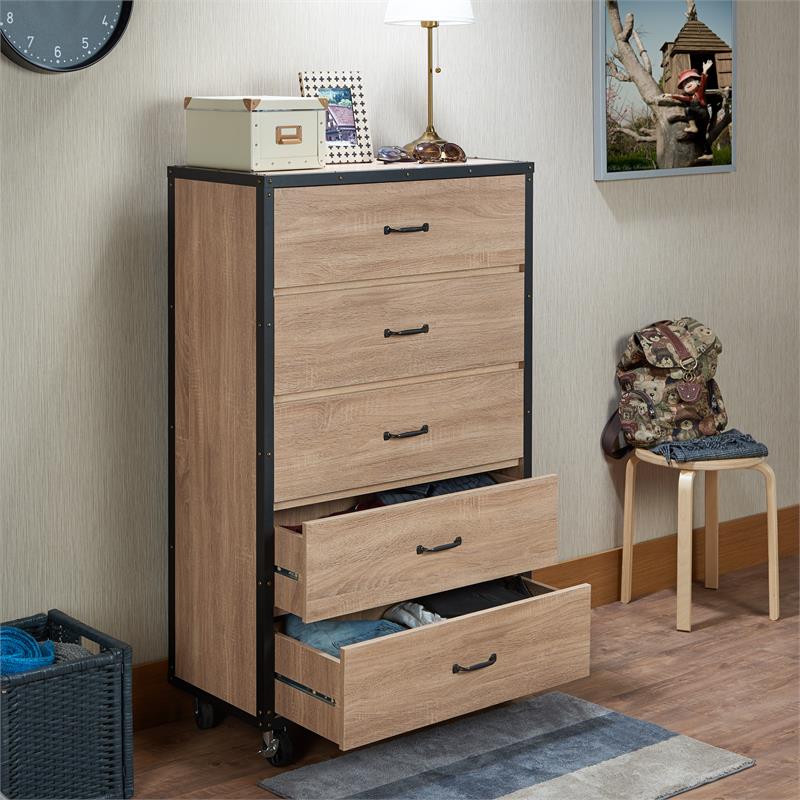 ACME Bemis Wooden Chest with Caster Wheels in Weathered Light Oak