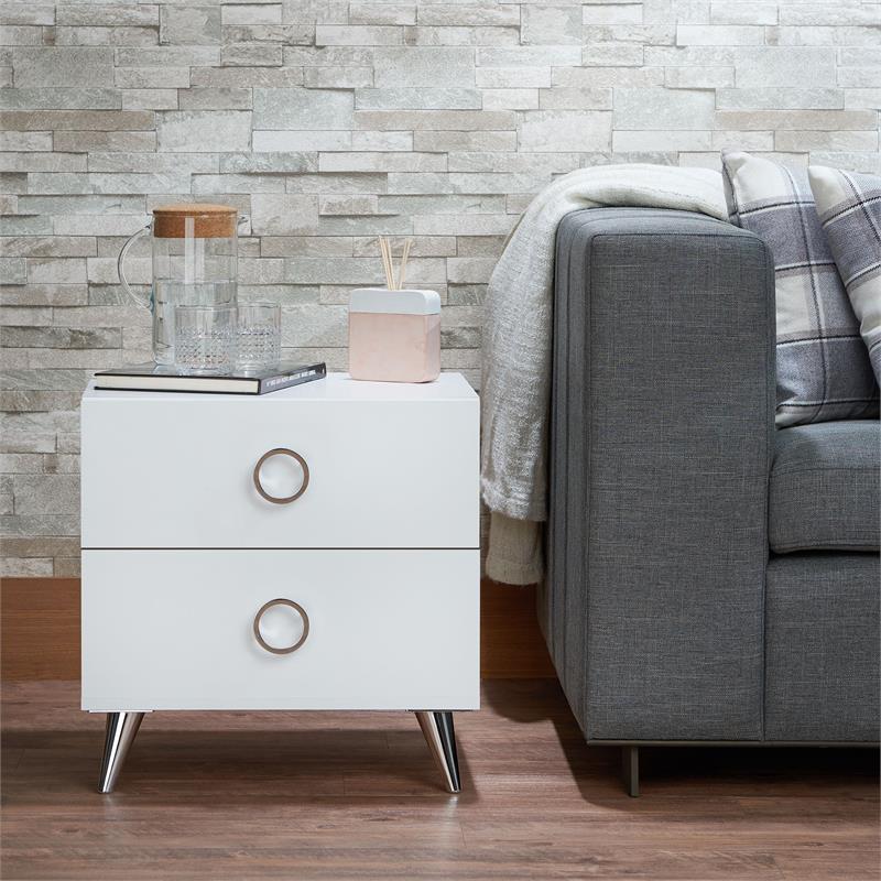 ACME Elms Wooden Rectangular 2-Drawer Nightstand with Ring Pull Handles in White