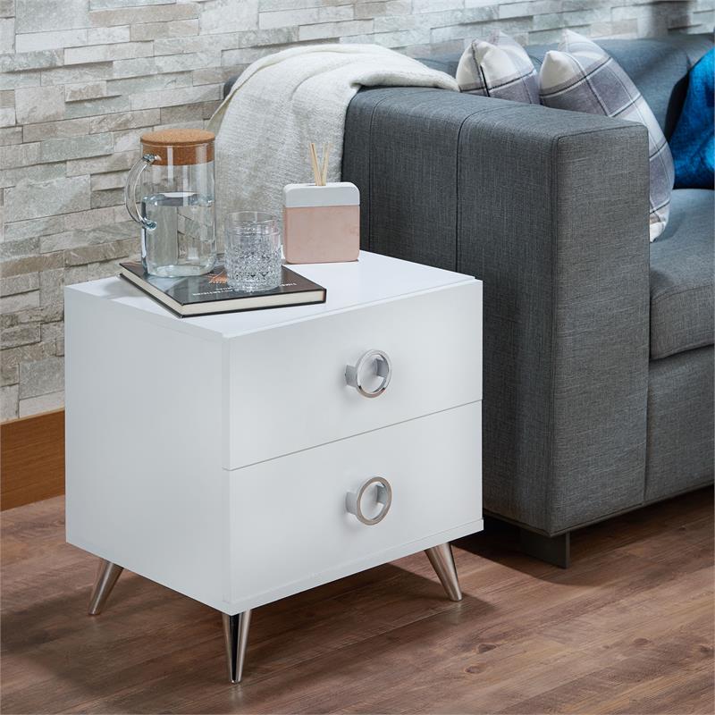ACME Elms Wooden Rectangular 2-Drawer Nightstand with Ring Pull Handles in White