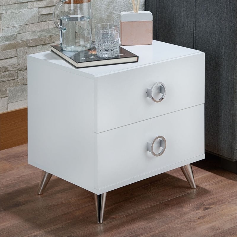 ACME Elms Wooden Rectangular 2-Drawer Nightstand with Ring Pull Handles in White