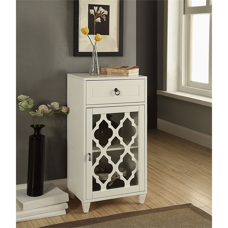 ACME Ceara Wooden Accent Table with Storage Drawer and Glass Door in White