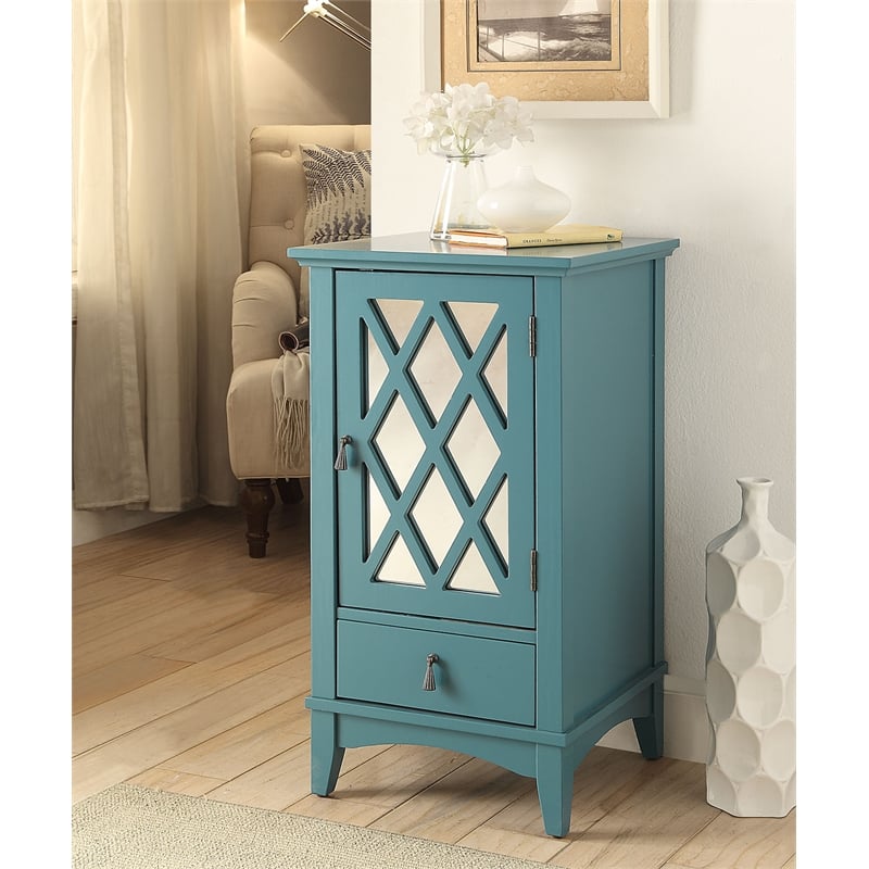 ACME Ceara Wooden Accent Table with Storage Drawer and Glass Door in Teal