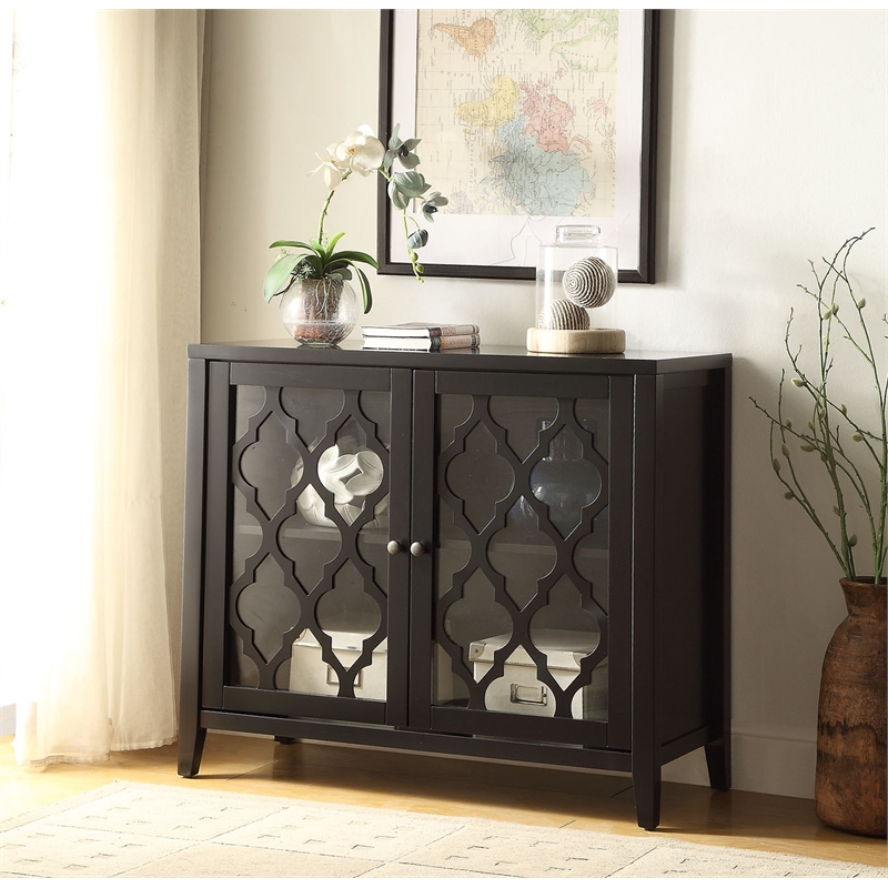 ACME Ceara Storage Wooden Console Table with 2 Glass Doors in Black
