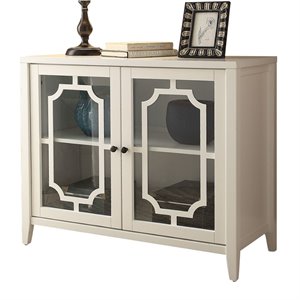 acme ceara storage wooden console table with 2 glass doors in white