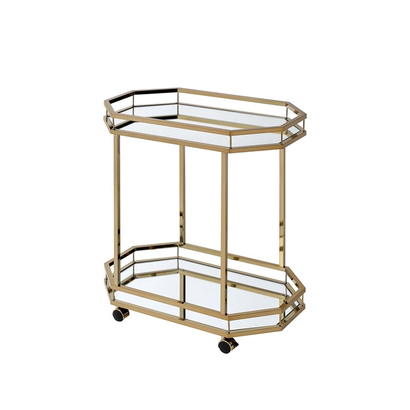 ACME Lacole Metal Frame Serving Cart with Bottom Shelf in Gold and Mirrored
