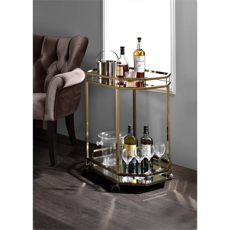 ACME Lacole Metal Frame Serving Cart with Bottom Shelf in Gold and Mirrored