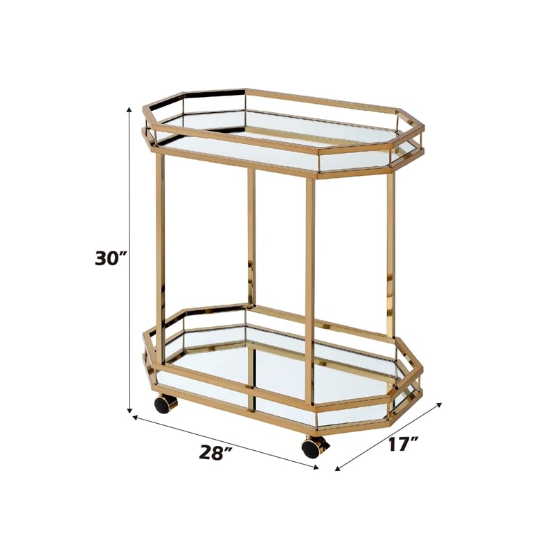 ACME Lacole Metal Frame Serving Cart with Bottom Shelf in Gold and Mirrored
