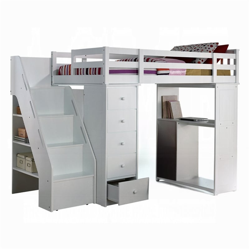 ACME Freya Solid Wood Storage Loft Bed with Bookshelf Ladder in White