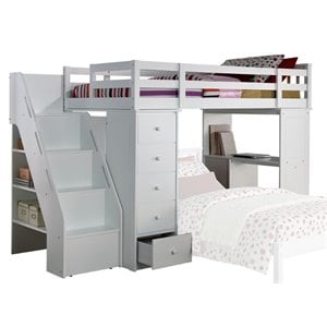 acme freya solid wood storage loft bed with bookshelf ladder in white