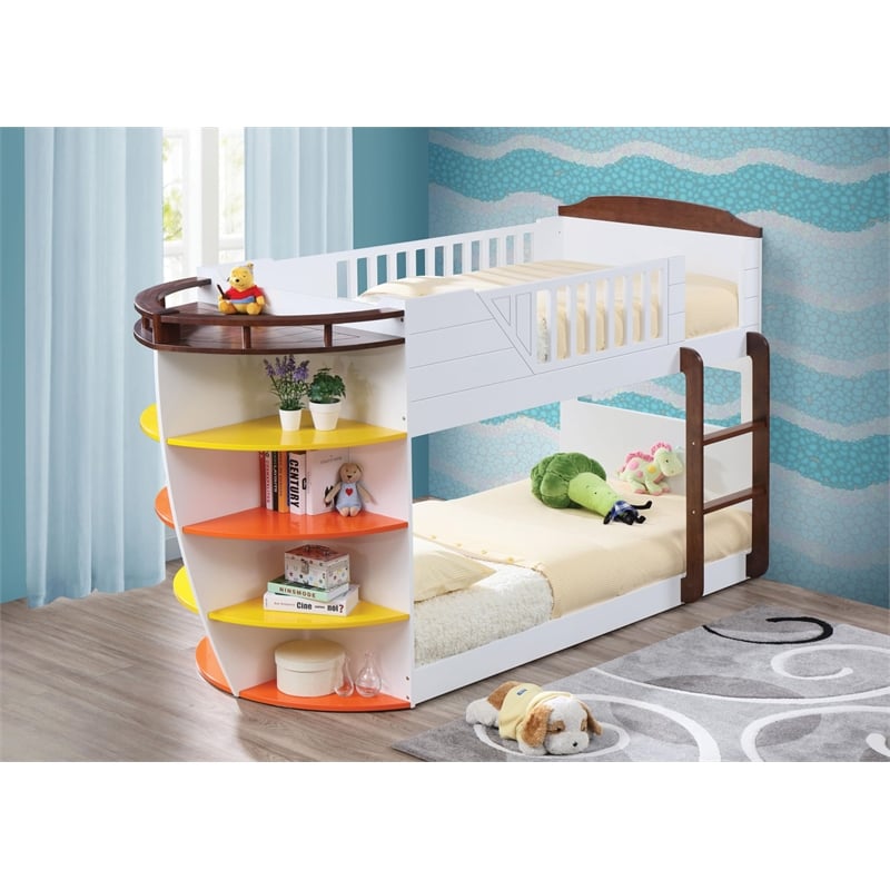 ACME Neptune Wooden Twin over Twin Storage Bunk Bed in White and Chocolate
