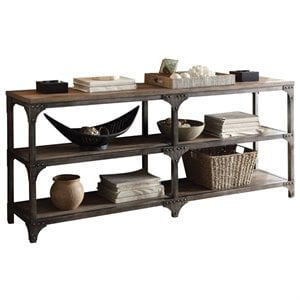 acme gorden console table in weathered oak and antique silver