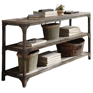 acme gorden console table in weathered oak and antique silver