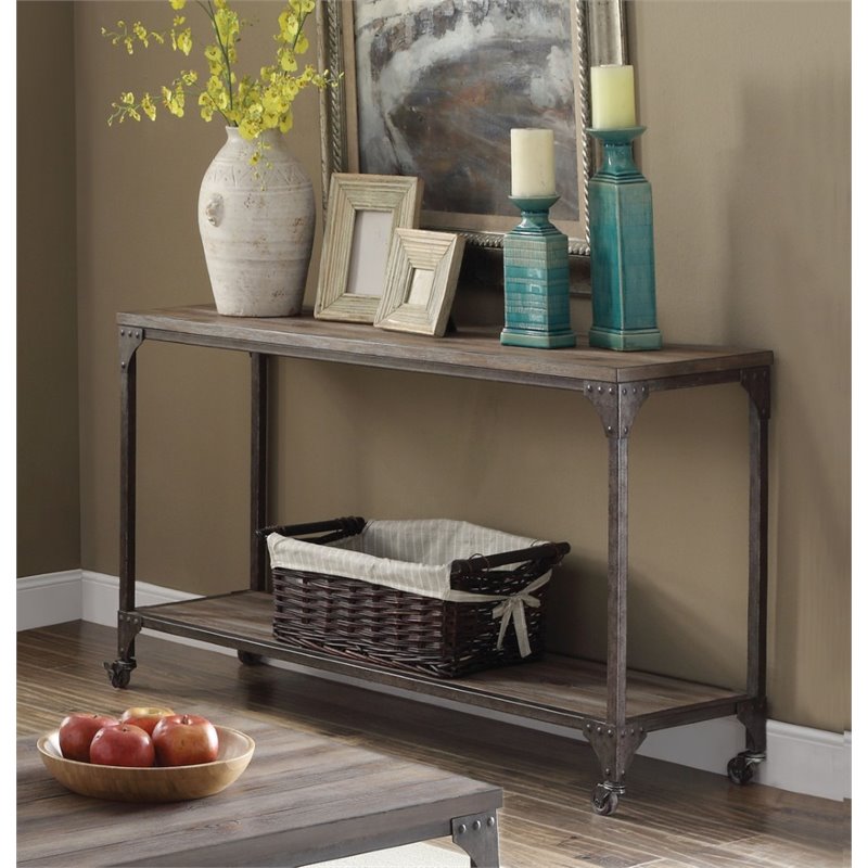 ACME Gorden Wooden Console Table with Casters in Weathered Oak