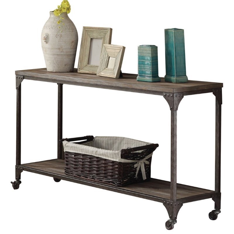 Acme Gorden Console Table With Casters In Weathered Oak 81449