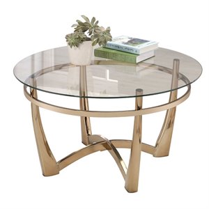 acme orlando ii round glass top coffee table in champagne