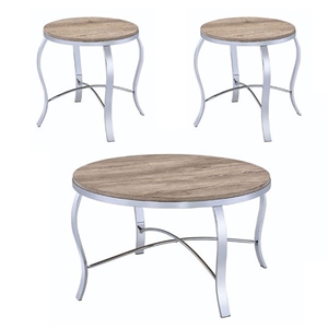 acme malai 3-piece coffee/end table set in weathered light oak and chrome