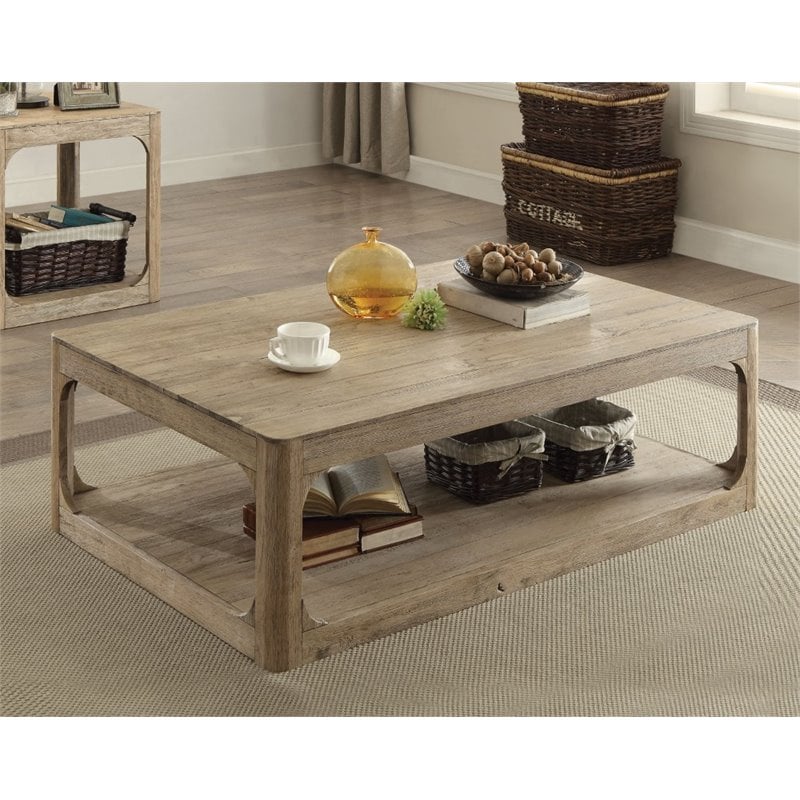 ACME Zaina Rectangular Wooden Coffee Table with Bottom Shelf in Natural Oak