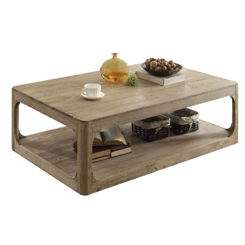 ACME Zaina Rectangular Wooden Coffee Table with Bottom Shelf in Natural Oak